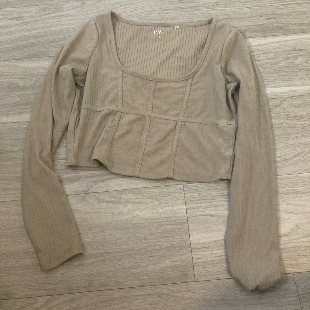 PacSun Taupe Ribbed Long Sleeve Square Neck Crop Top